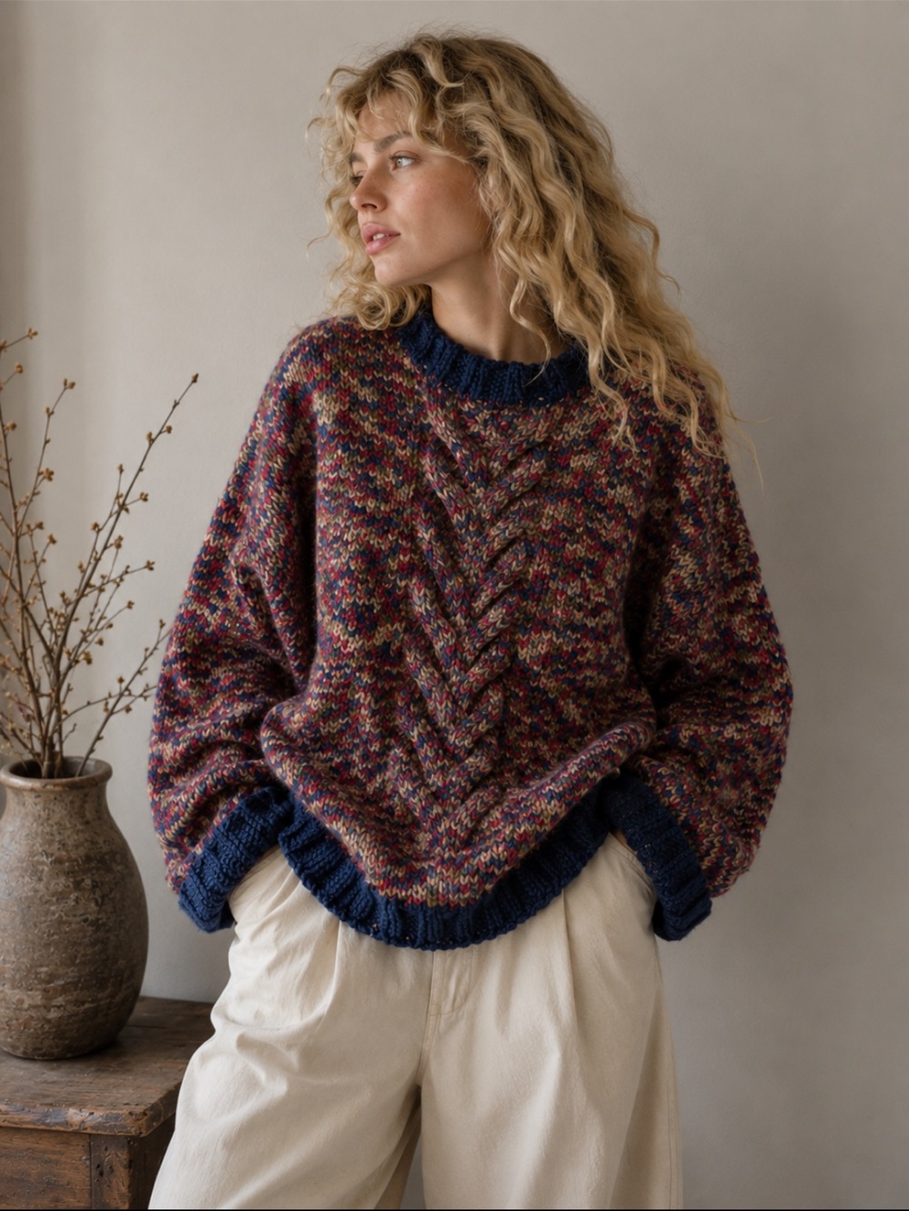 Vintage Hand-Knit Multicolor Cable Knit Sweater with Navy Trim